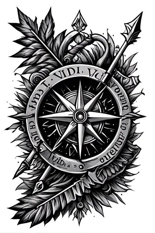 I want a concept tattoo that contains an arrow, sisiph, Spartan, compass, the phrase "Veni, Vidi, Vici" tattoo design idea