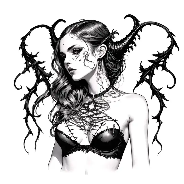 Gothic, Succubus, Big Boobs, G-String, Ripped Bra, G-String, Portrait tattoo design idea