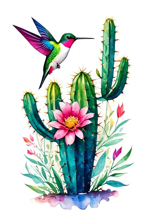 nature inspired tattoo with cactus and hummingbird tattoo design idea