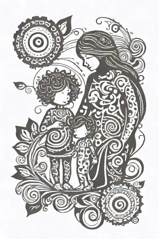 Playful silhouette of a parent and child holding hands, surrounded by whimsical shapes and symbols representing family bonding and joy tattoo design idea