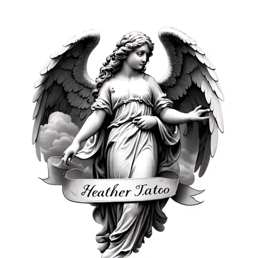 black and grey beautiful angel with smooth clouds and a ribbon banner with the name heather in the ribbon banner  tattoo design idea