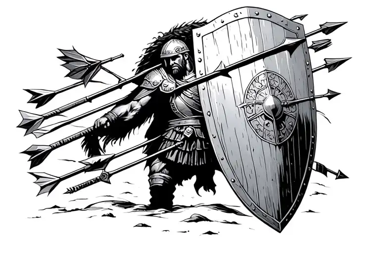 Trojan soldier taking cover behind his shield with arrows coming from the sky tattoo design idea