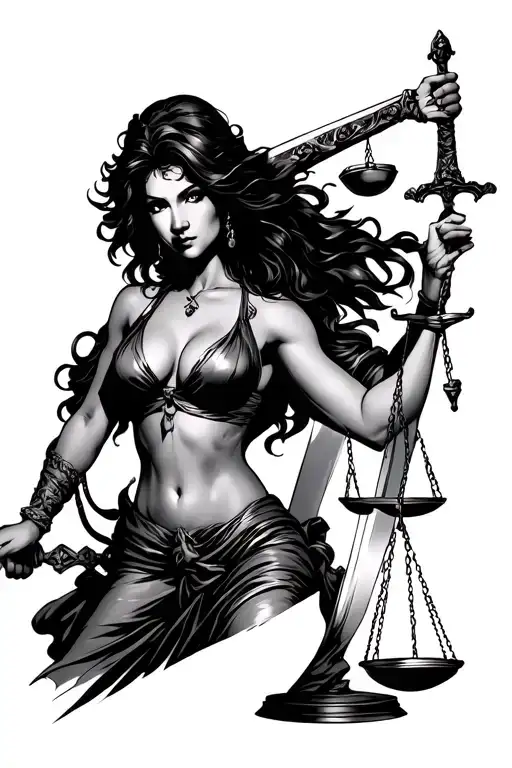 sexy lady of justice holding scales of justice in one hand and a sword in the oher hand tattoo design idea