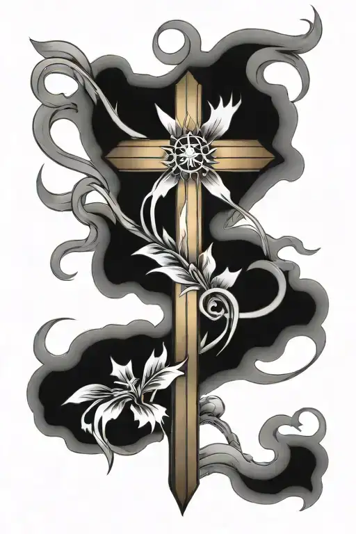 Christian cross with fiery flowers intertwined tattoo design idea