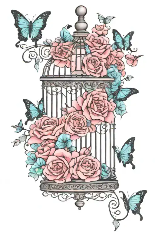 birdcage with teal butterflies flying out of open door surrounded by dark pink roses tattoo design idea