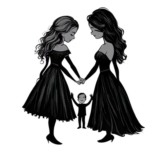 lesbian couple holding a kid's hand between them tattoo design idea