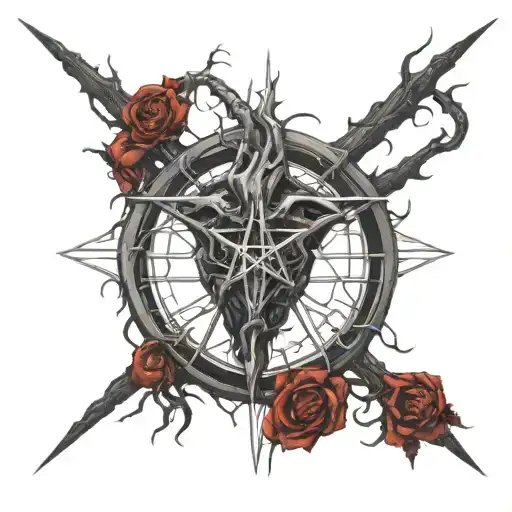 realistic human heart bleeding veins all over satanic pentagram around it. satanic symbols temple of Satan bloody thorns tattoo design idea