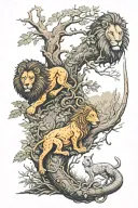 lion, snake, dragon and rabbit in forest landscape tattoo design idea