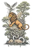 lion, snake, dragon and rabbit in forest landscape tattoo design idea