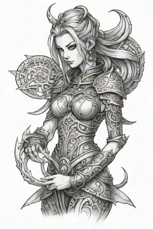 Ranni from Elden Ring with the Raya lucaria Academy in the background tattoo design idea