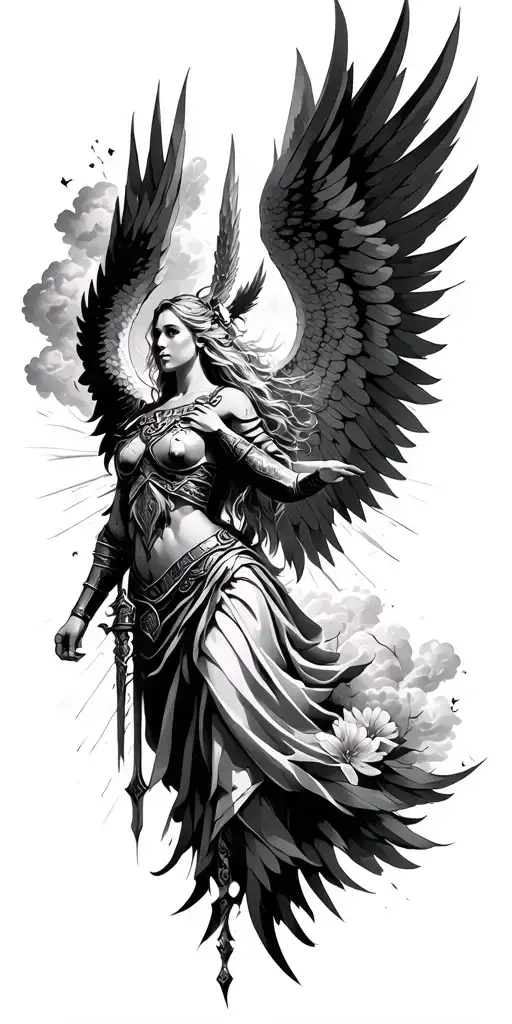 Meaningful warrior angel, Norse Valkyrie, clouds, rays, floral tattoo design idea