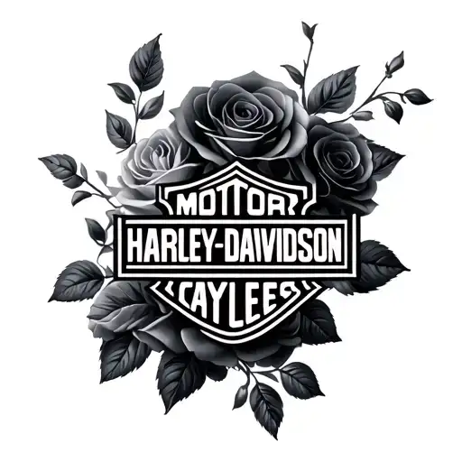 a black and grey Harley Davidson logo with softly shaded black and grey realistic roses around it tattoo design idea