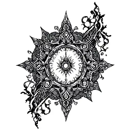 Dark ornamental tattoo design with gothic blackwork style. The design features intricate filigree, mandala-like structur tattoo design idea