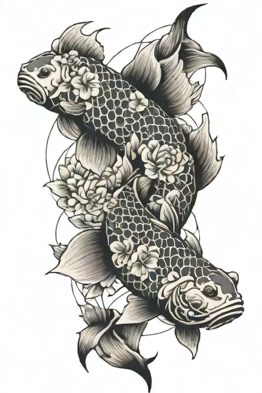 koi fish with flowers tattoo design idea