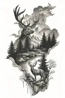 trees and  stream with mountains in the background deer in the stream tattoo design idea
