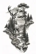 trees and  stream with mountains in the background deer in the stream tattoo design idea
