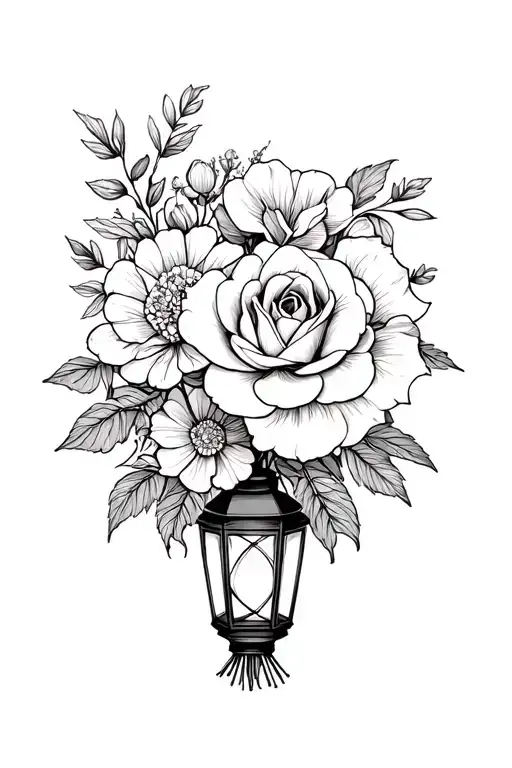 Bouquet with lantern flower, carnation, rose, camellia tattoo design idea