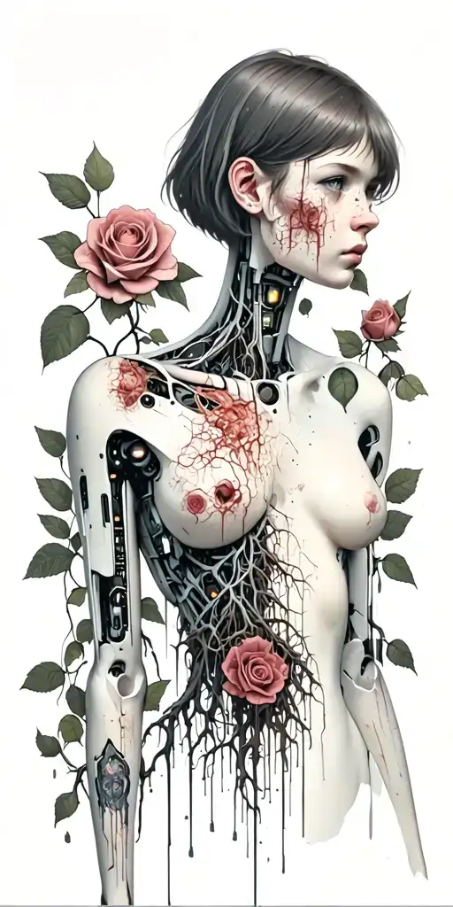Silhouette of a hacker girl, half robot, with short hair, bare chest, roots growing out of roses, decaying flesh tattoo design idea