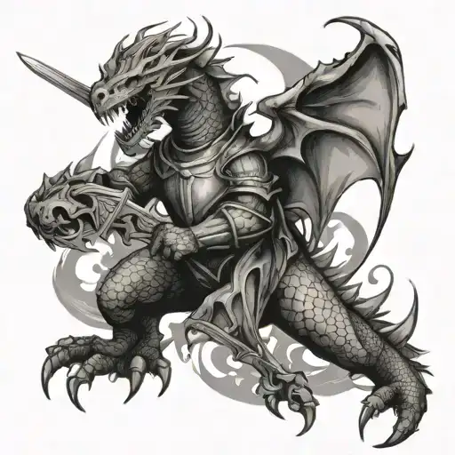 knight with sword fighting dragon breathing fire tattoo design idea