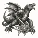 knight with sword fighting dragon breathing fire tattoo design idea