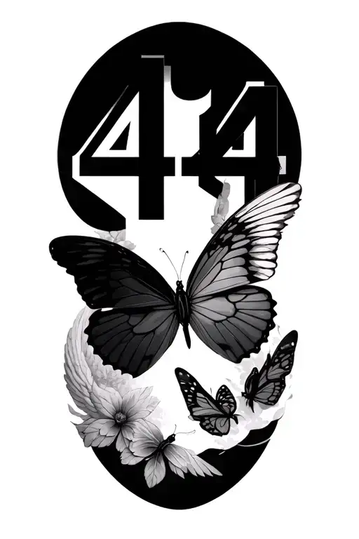 butterfly 444 number above it with angel wings but feathers falling tattoo design idea