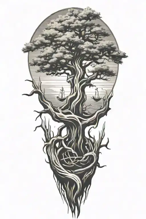 Cypress tree with roots shaped like an anchor tattoo design idea
