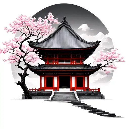 traditional korean palace with cherry blossom tattoo design idea