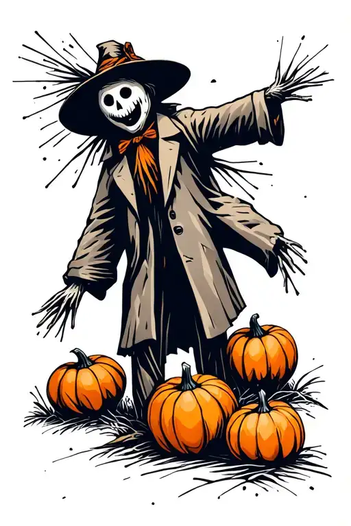 A scarecrow without a head, in a coat with parse, it is excited by three pumpkins tattoo design idea
