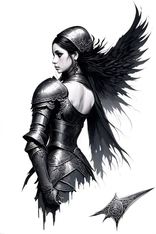 (battle-worn ethereal beautiful woman warrior), adorned in medieval Islamic armor, half body portrait, side view facing, tattoo design idea