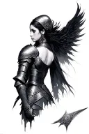 (battle-worn ethereal beautiful woman warrior), adorned in medieval Islamic armor, half body portrait, side view facing, tattoo design idea