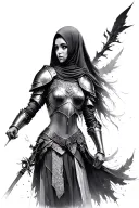 (battle-worn ethereal beautiful woman warrior), adorned in medieval Islamic armor, half body portrait, side view facing, tattoo design idea
