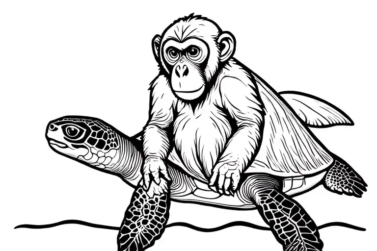 Phillipine monkey serious face sitting on a sea turtle tattoo design idea