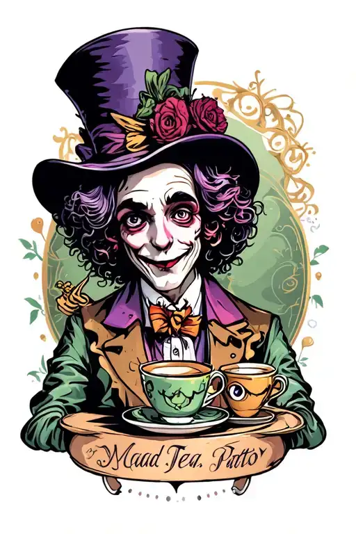 mad hatter tea party with monsters tattoo design idea
