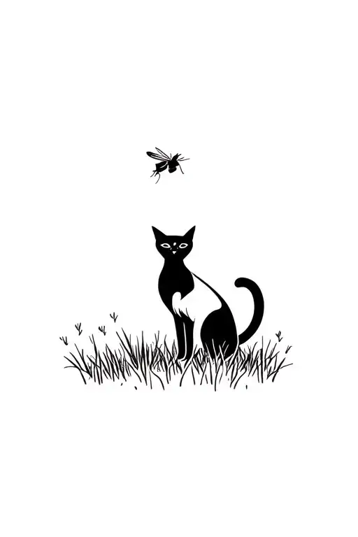 black cat missing end of tail and sitting in the grass trying to swat at a fly  tattoo design idea