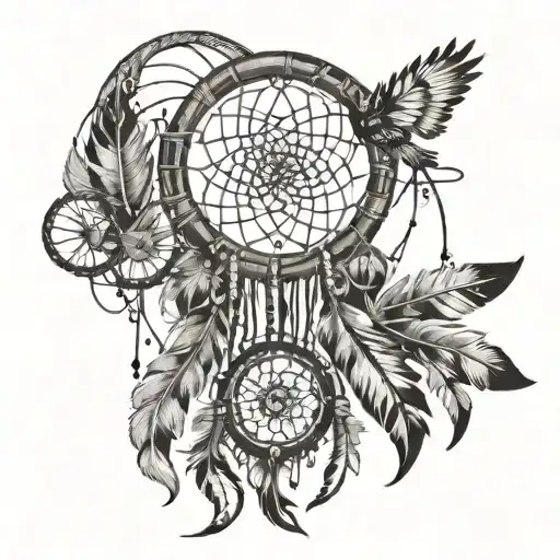 A Native American dreamcatcher intertwined with musical instruments, symbolizing the harmony of music and culture tattoo design idea