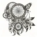A Native American dreamcatcher intertwined with musical instruments, symbolizing the harmony of music and culture tattoo design idea