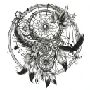 A Native American dreamcatcher intertwined with musical instruments, symbolizing the harmony of music and culture tattoo design idea
