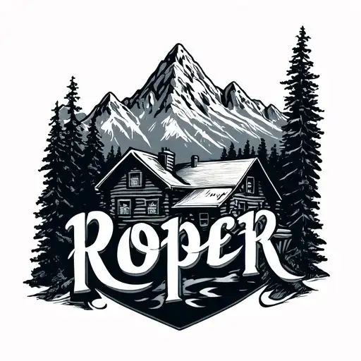 Mountain Range with cabin tattoo. And the last name "Roper" in the mountian tattoo design idea