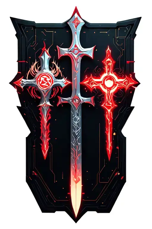 Two cyber daggers , dragon sword and shield in cross shape , red energy, orthodox cross  tattoo design idea