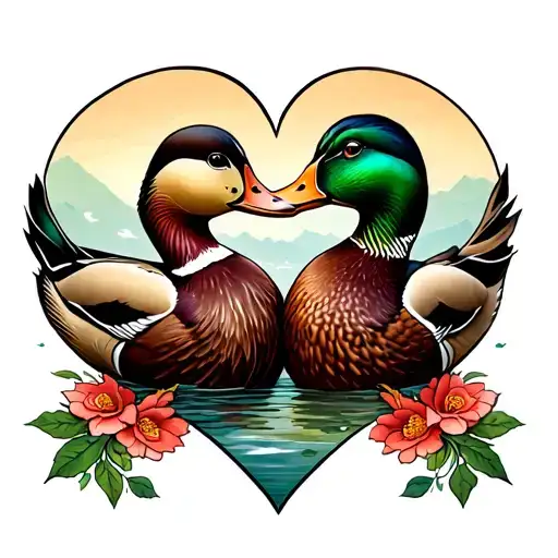 two mallard ducks cuddling together inside a heart tattoo design idea