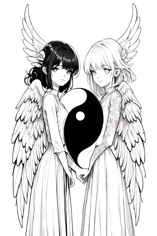 Two anime girls representing yin and yang, one with a glowing angel wing symbolizing light, purity and grace, the other  tattoo design idea