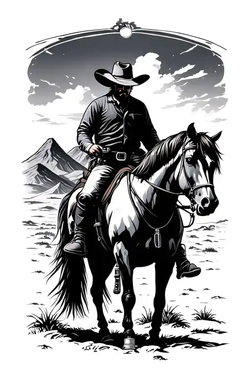 cowboy on horse facing away desert landscape with mountains, sunrise. revolver on hip, flask in one hand, reigns in othe tattoo design idea