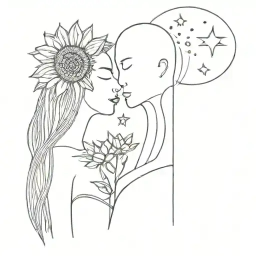 kissing man and woman, sunflower, earth, shooting star, 28.03.2023, tattoo design idea