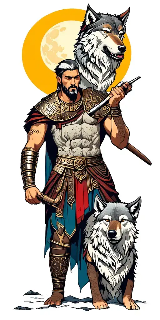 gladiator and wolves driving him to the moon tattoo design idea