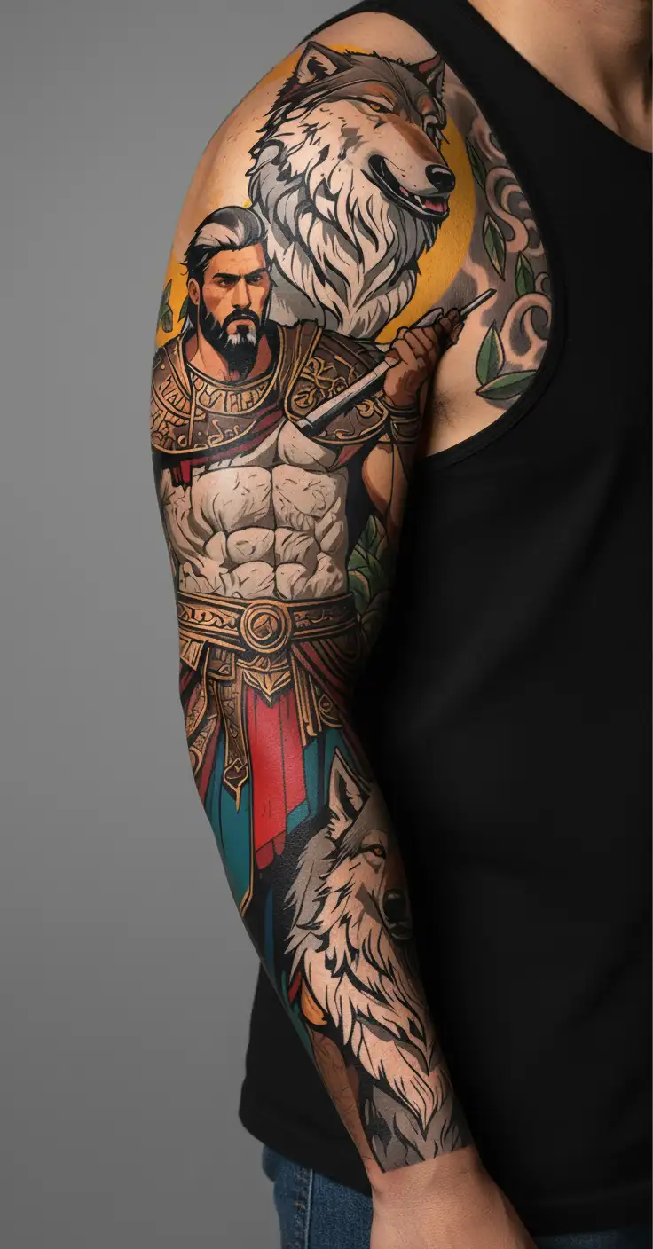 gladiator and wolves driving him to the moon tattoo design idea