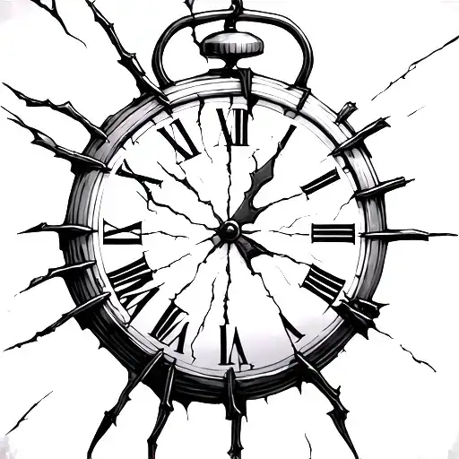 broken clock with cracks in middle tattoo design idea