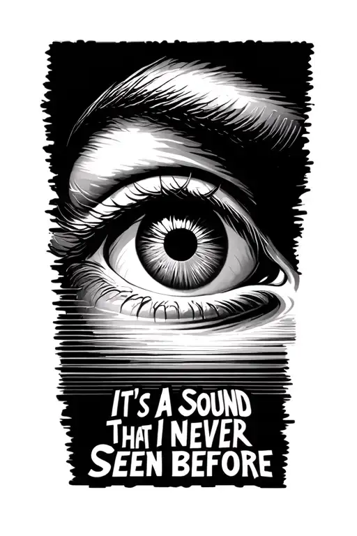 Sound wave with a lifelike eye with the text: It's a sound that I've never SEEN BEFORE tattoo design idea