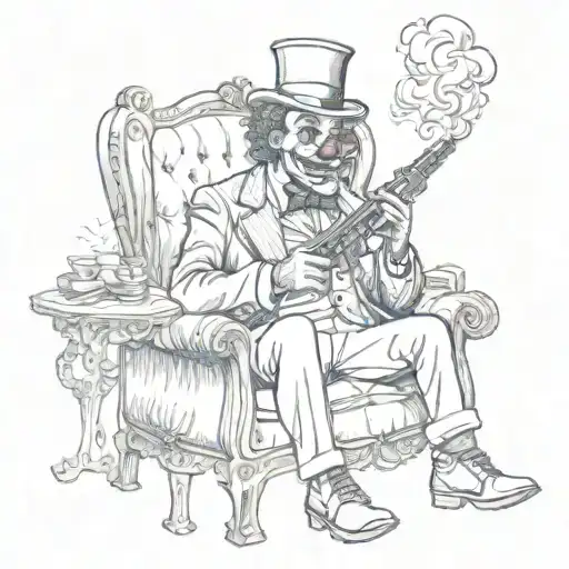 gangster clown, holding a AK 47, smoking a cigar, sitting down in a chair tattoo design idea