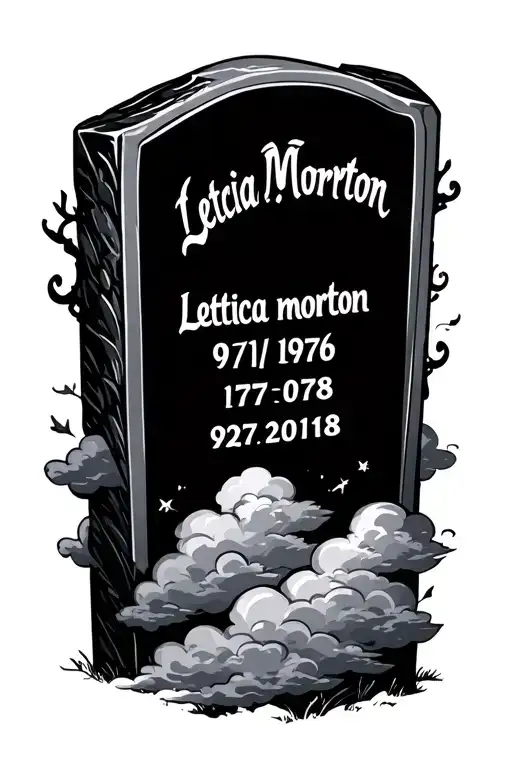 a grave stone that says Leticia morton 9/7/1976-1/27/2018 with clouds surrounding  tattoo design idea