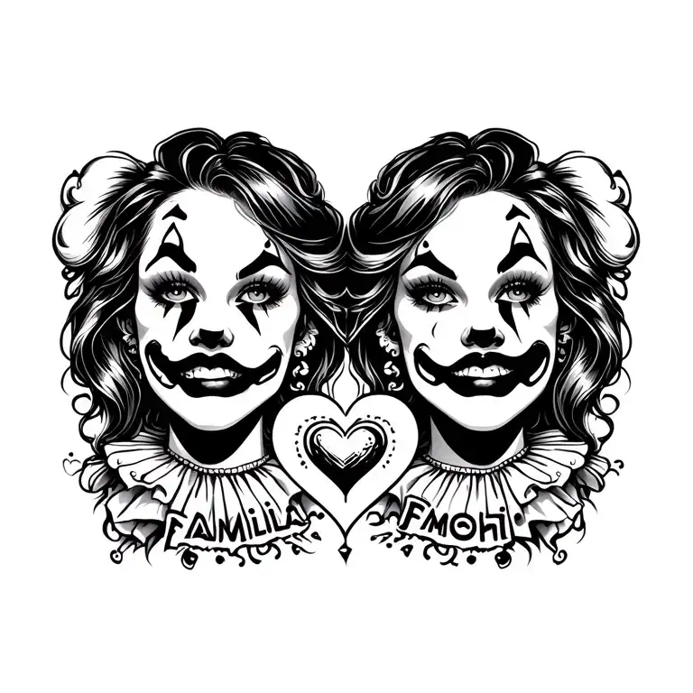 a chest tattoo that says familia with two gangster clown girls on the side of it with a shining heart under familia  tattoo design idea